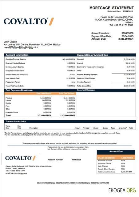 Modèle Word et PDF de relevé hypothécaire de la Banco Covalto au Mexique